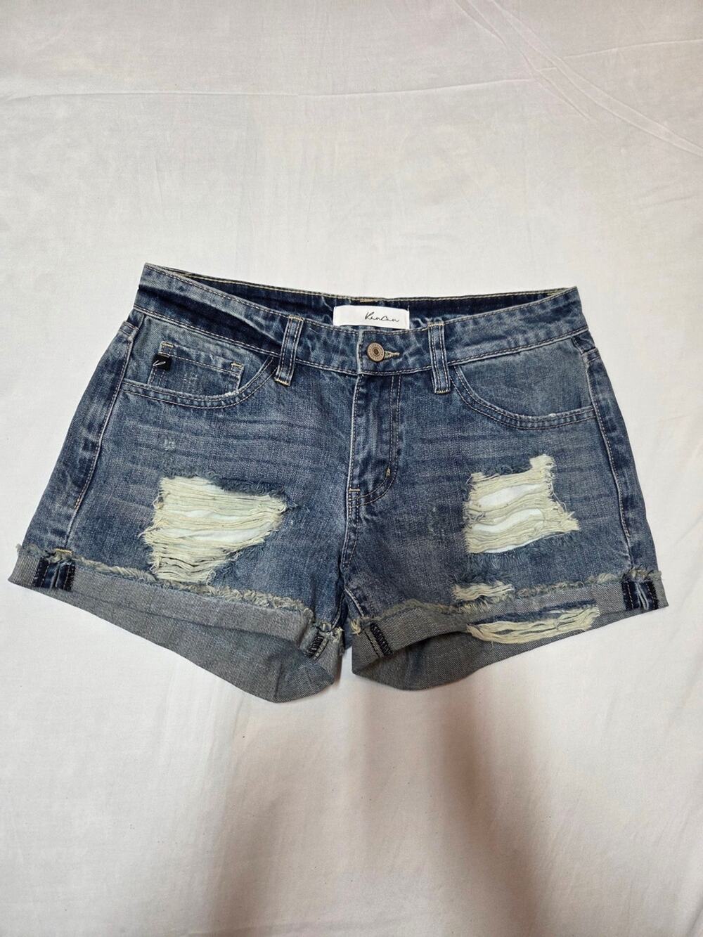 Kenar Distressed Rolled-Hem Denim Shorts - Blue